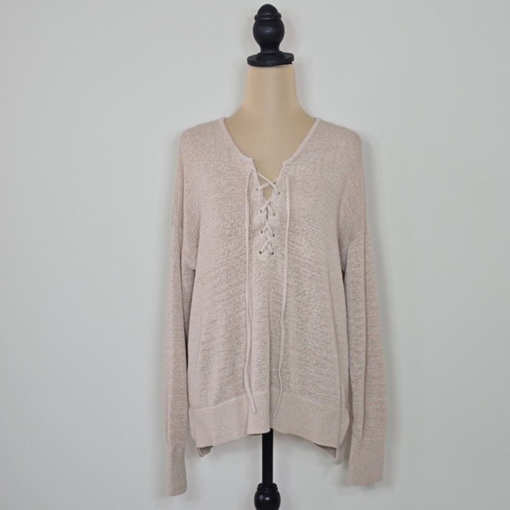 LOFT Womens Beige Lace Up V-Neck Ramie Cotton Blend Knit Sweater‎ Large